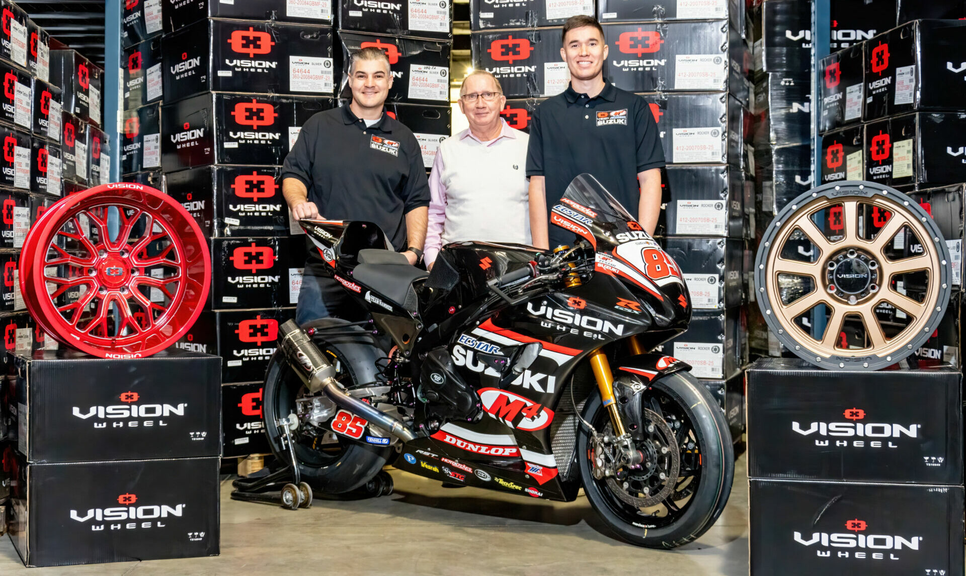 (From left) Vision Wheel M4 ECSTAR Suzuki Team Manager Chris Ulrich, Vision Wheel CEO Roger Minor, Vision Wheel M4 ECSTAR Suzuki Superbike Athlete Jake Lewis. Photo courtesy Suzuki Motor USA, LLC.