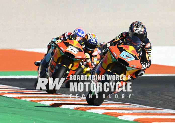 Remy Gardner (87) won the 2021 Moto2 World Championship by beating his Red Bull KTM Ajo teammate (and title runner-up) Raul Fernandez (25). Like the overwhelming majority of riders in the Moto2 World Championship over the last decade, both were running Kalex chassis. Photo from Valencia 2021 courtesy Red Bull. Remy Gardner (87) won the 2021 Moto2 World Championship by beating his Red Bull KTM Ajo teammate (and title runner-up) Raul Fernandez (25). Like the overwhelming majority of riders in the Moto2 World Championship over the last decade, both were running Kalex chassis. Photo from Valencia 2021 courtesy Red Bull.