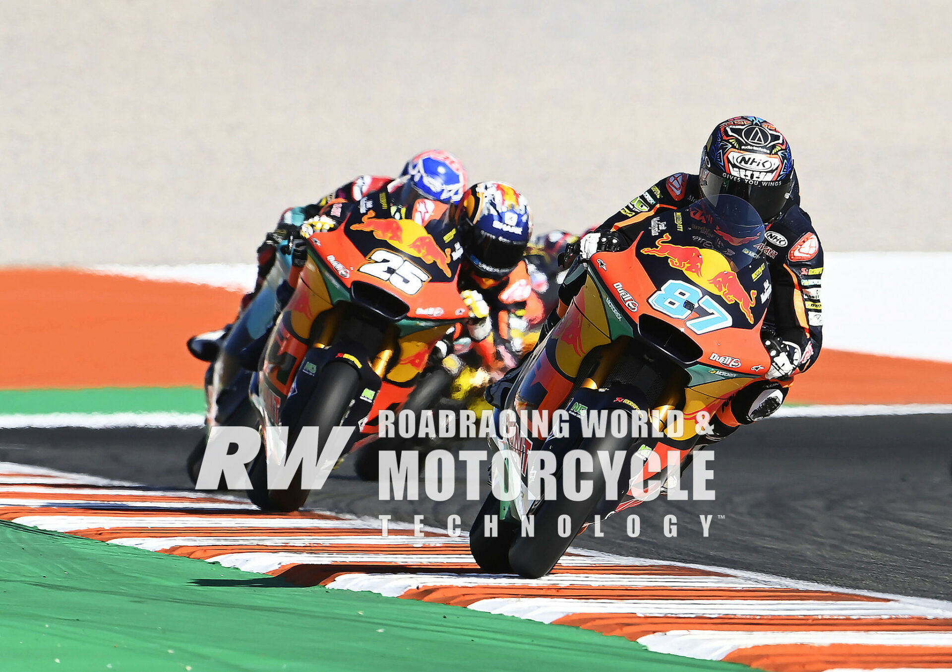 Remy Gardner (87) won the 2021 Moto2 World Championship by beating his Red Bull KTM Ajo teammate (and title runner-up) Raul Fernandez (25). Like the overwhelming majority of riders in the Moto2 World Championship over the last decade, both were running Kalex chassis. Photo from Valencia 2021 courtesy Red Bull.