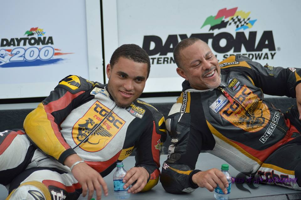 CJ (left) and Calvin (right) Crosslin in Victory Lane at Daytona International Speedway. Photo courtesy Calvin Crosslin.