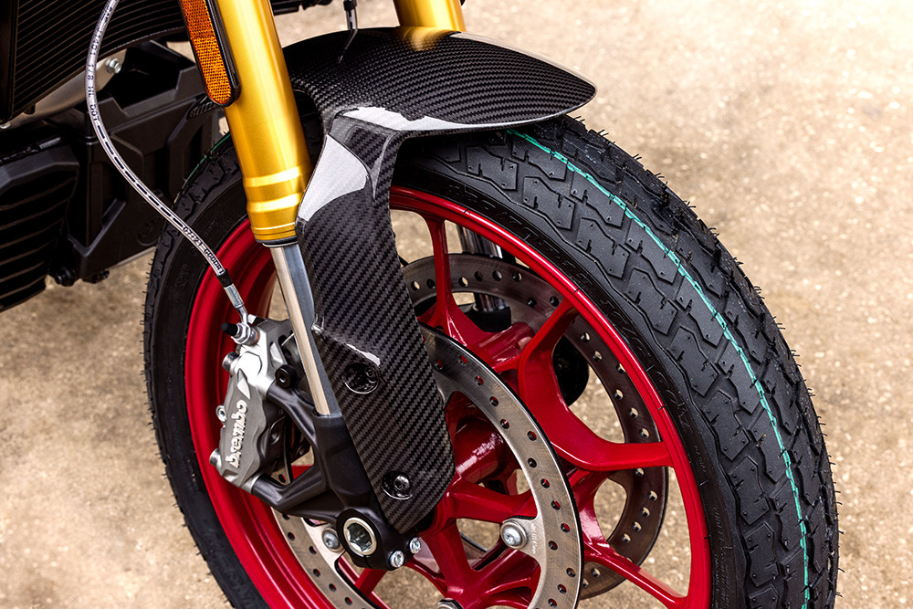 The 2022 Indian FTR Championship Edition comes with Brembo brake calipers, flat track-inspired Dunlop tires, and a carbon-fiber front fender. Photo courtesy Indian Motorcycle.