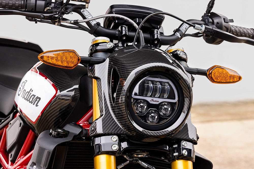 The 2022 Indian FTR Championship Edition has a carbon fiber headlight nacelle and airbox cover. Photo courtesy Indian Motorcycle.