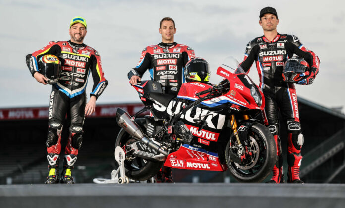 Yoshimura SERT Motul riders Sylvain Guintoli (right), Gregg Black (center), and Xavier Simeon (left). Photo courtesy Team Suzuki Press Office. Yoshimura SERT Motul riders Sylvain Guintoli (right), Gregg Black (center), and Xavier Simeon (left). Photo courtesy Team Suzuki Press Office.
