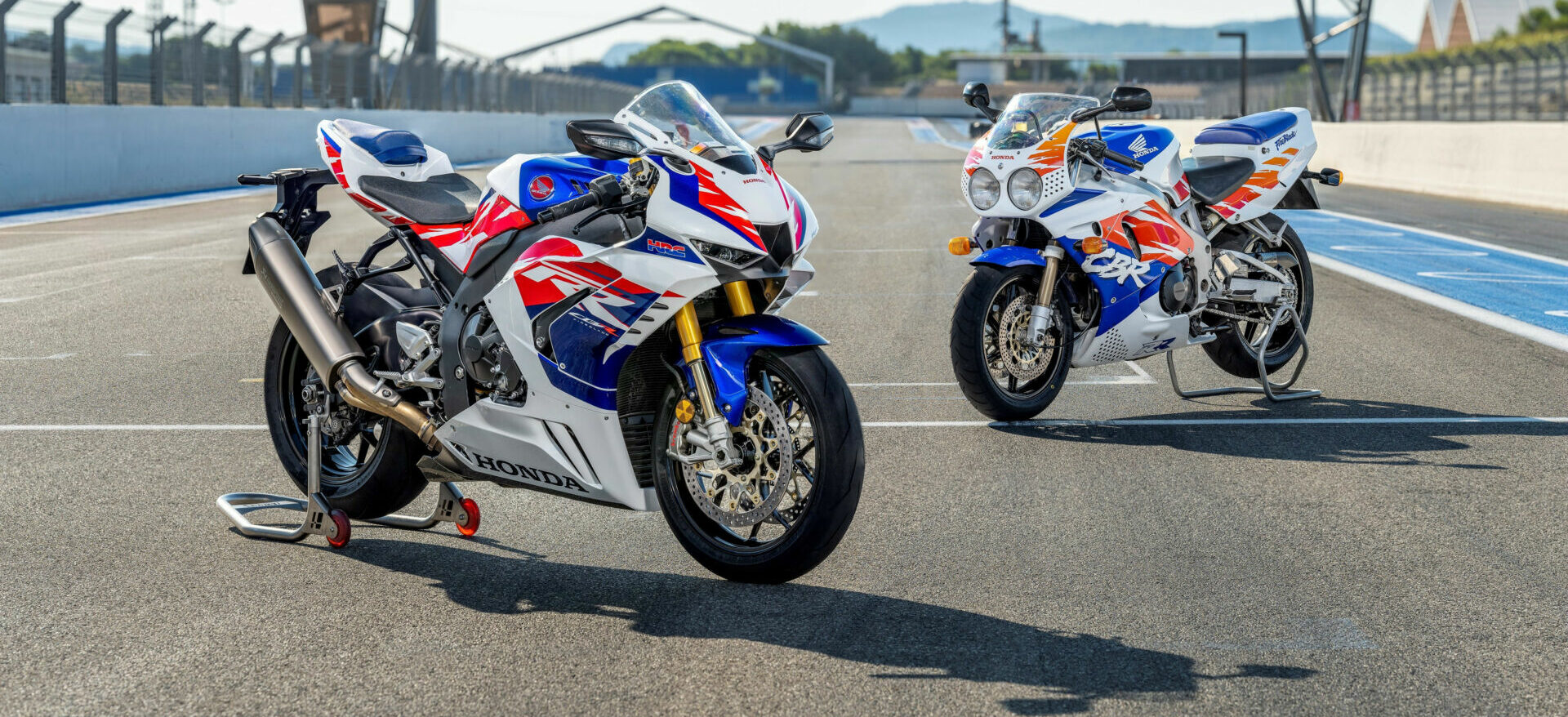 A 2022 Honda CBR1000RR-R Fireblade SP 30th Anniversary Edition (left) with a 1992 Honda CBR900RR. Photo courtesy American Honda.