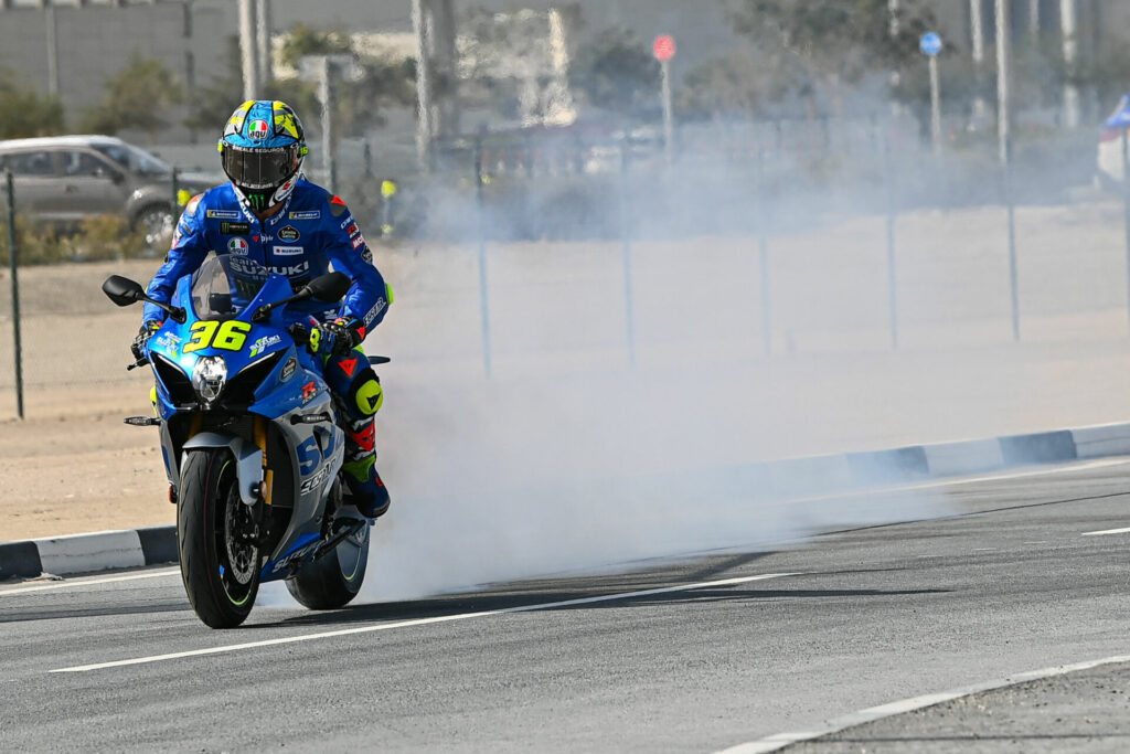Joan Mir (36) did a rolling burnout on his Suzuki GSX-R1000R on the way to the stadium. Photo courtesy Dorna.