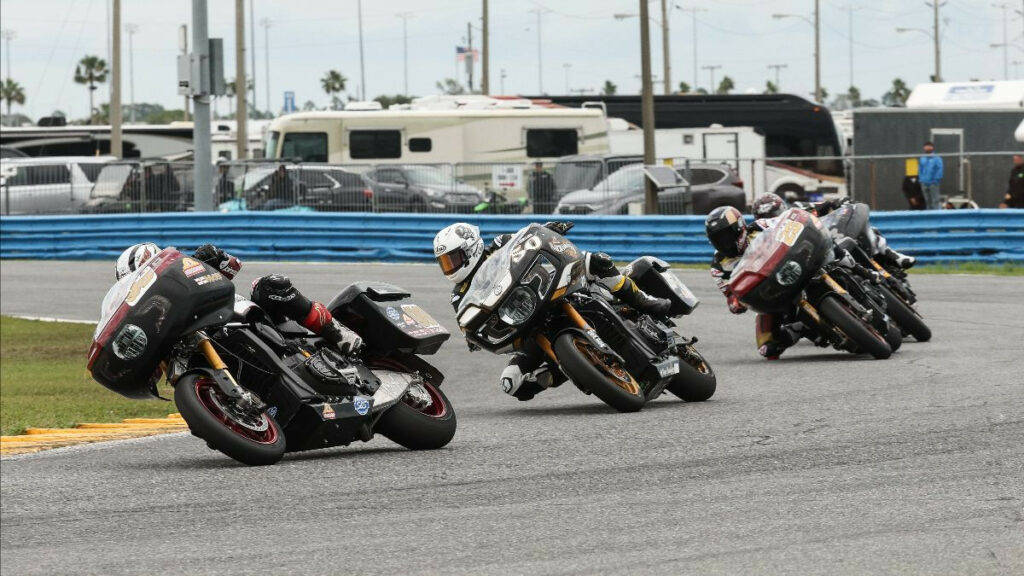Ulsterman Jeremy McWilliams (99) leads Bobby Fong (50), Tyler O'Hara (29), and James Rispoli (43) en route to victory in the Mission King Of The Baggers race at Daytona. Photo by Brian J. Nelson, courtesy MotoAmerica.