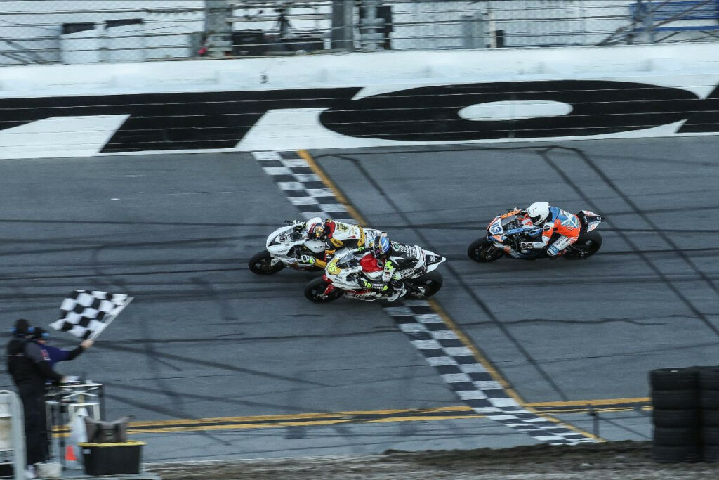 Brandon Paasch (96) drafted past both Cameron Petersen (45) and Sheridan Morais (113) to win the 80th Daytona 200. Photo by Brian J. Nelson, courtesy MotoAmerica.