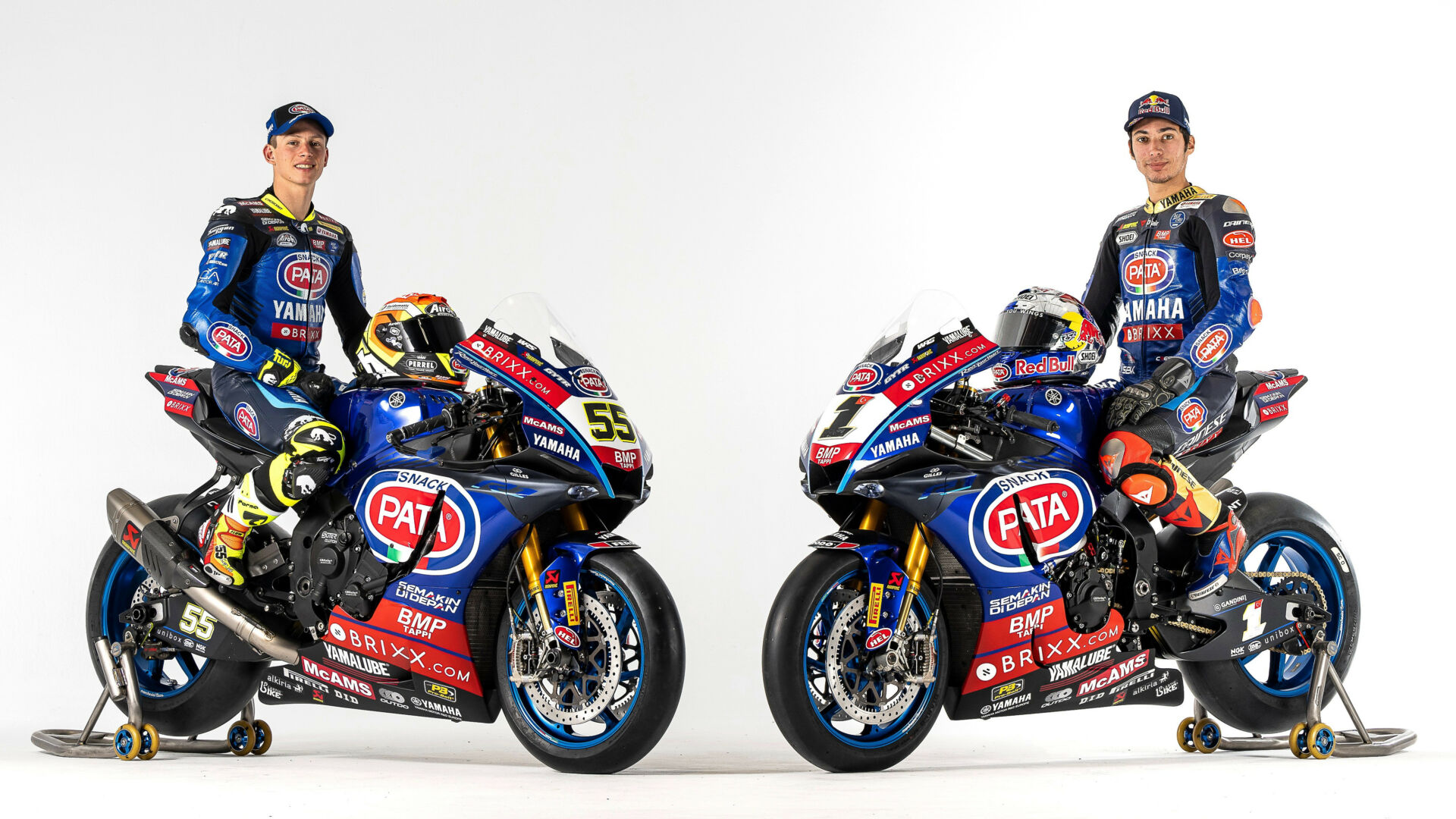 2021 Superbike World Champion Toprak Razgatlioglu (right) and his teammate Andrea Locatelli (left) on their Pata Yamaha with Brixx YZF-R1 Superbikes. Photo courtesy Yamaha.