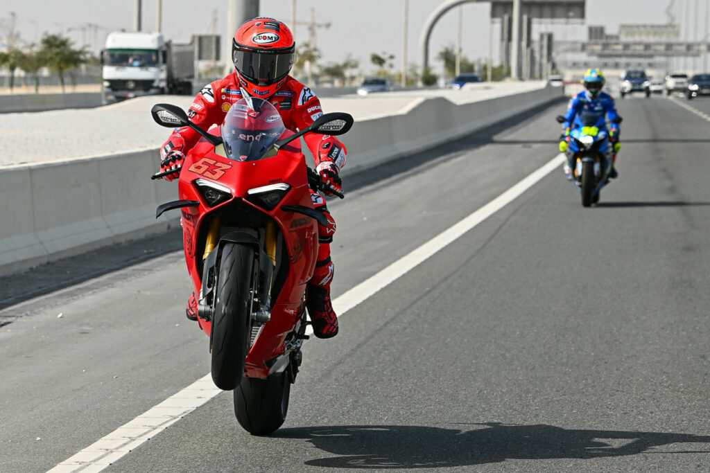 Francesco Bagnaia (63) wheelied his Ducati Panigale V4 streetbike for the camera. Photo courtesy Dorna.