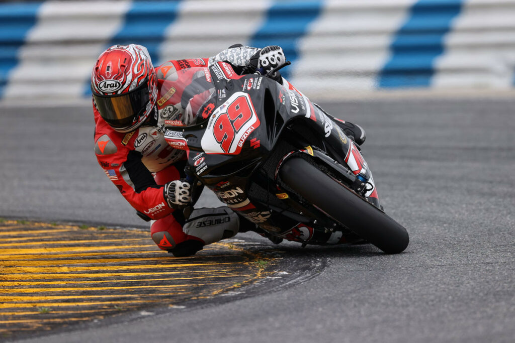 Geoff May (99) shows off his experience at the Daytona International Speedway. Photo courtesy Suzuki Motor USA, LLC.