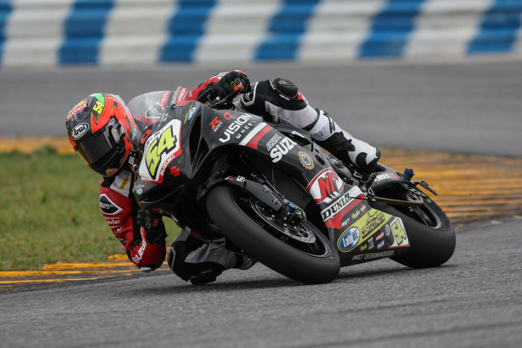 Richie Escalante (54) pushing his Vision Wheel M4 ECSTAR Suzuki to the second row for the Daytona 200. Photo courtesy Suzuki Motor USA, LLC.