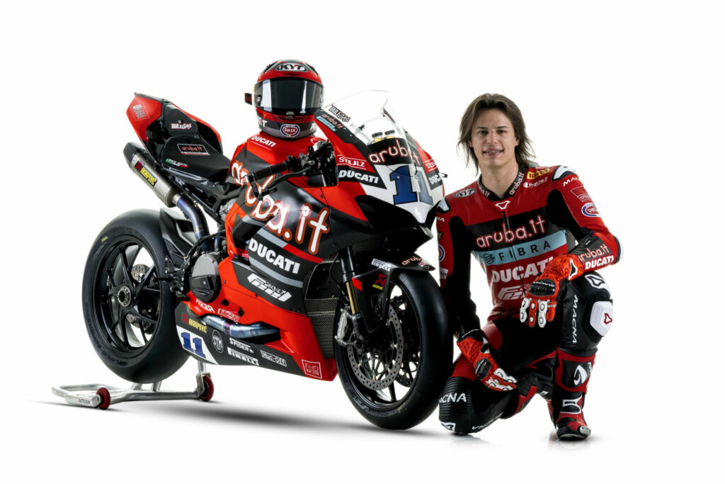 Nicolò Bulega and his Ducati Panigale V2 World Supersport racebike. Photo courtesy Ducati.