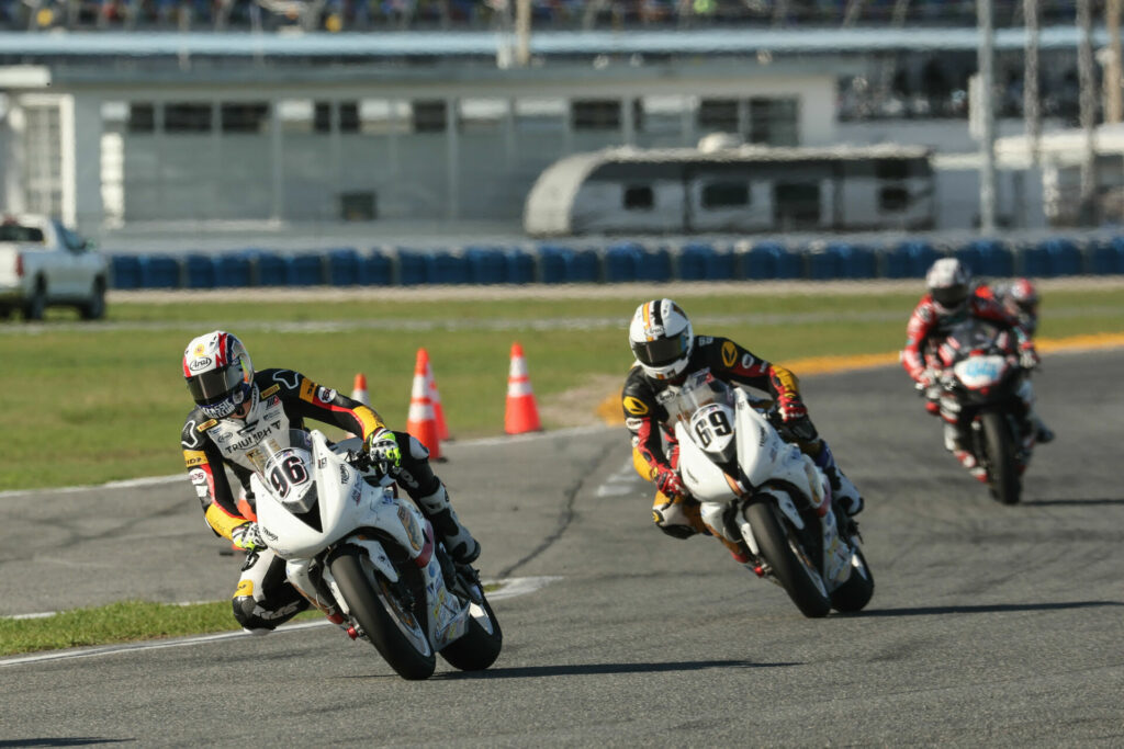 Brandon Paasch (96) and Danny Eslick (69) in action during the 80th Daytona 200. Photo by Brian J. Nelson, courtesy Triumph.