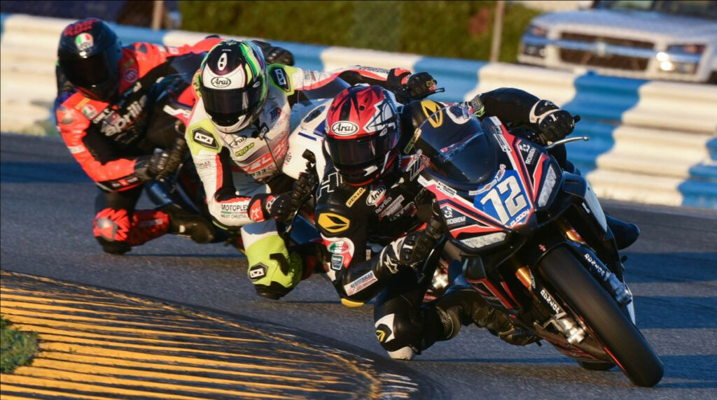 Ben Gloddy (72) leads several riders during Saturday's Twins Cup Race Two at Daytona International Speedway. Photo by Sara Chappell, courtesy Robem Engineering Aprilia.
