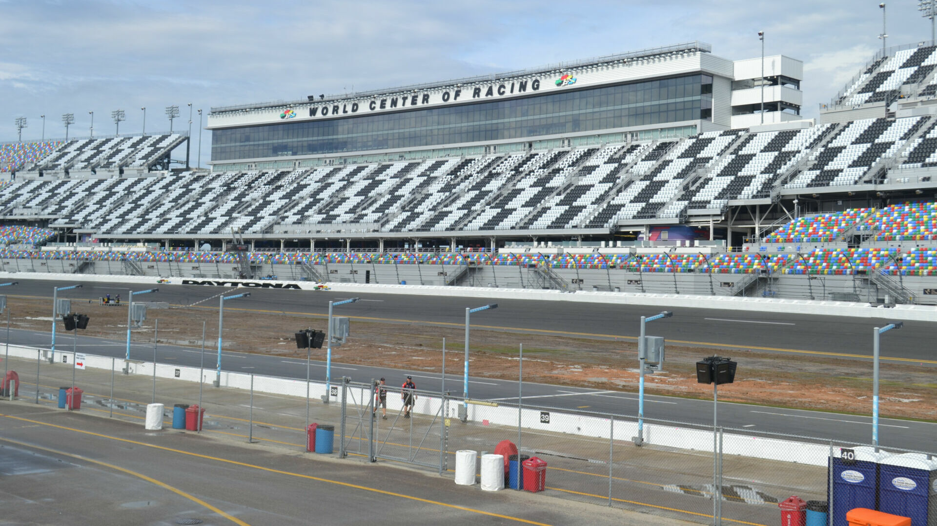 The tri-oval of Daytona International Speedway with water puddles visible on pit lane. Photo by David Swarts.