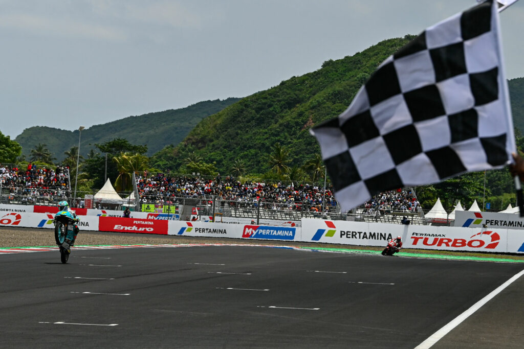 Dennis Foggia (7) won the Moto3 race in Indonesia. Photo courtesy Dorna.