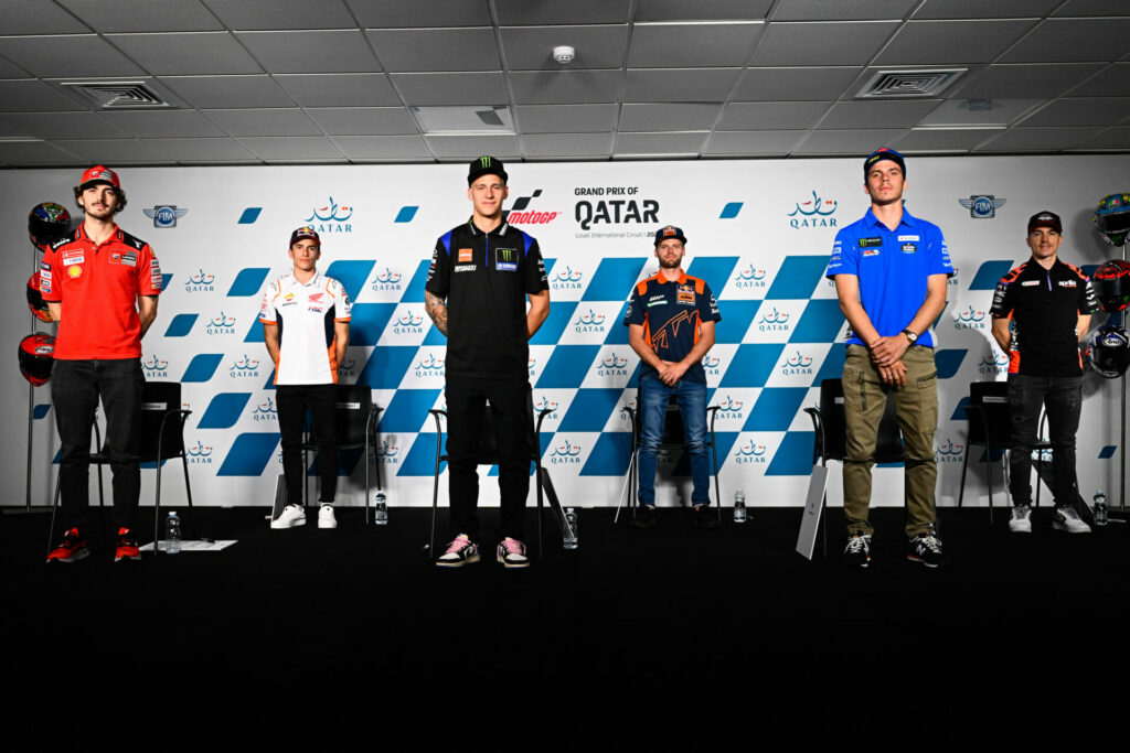 MotoGP riders (from left) Francesco Bagnaia, Marc Marquez, Fabio Quartararo, Brad Binder, Joan Mir, and Maverick Vinales. Photo courtesy Dorna.