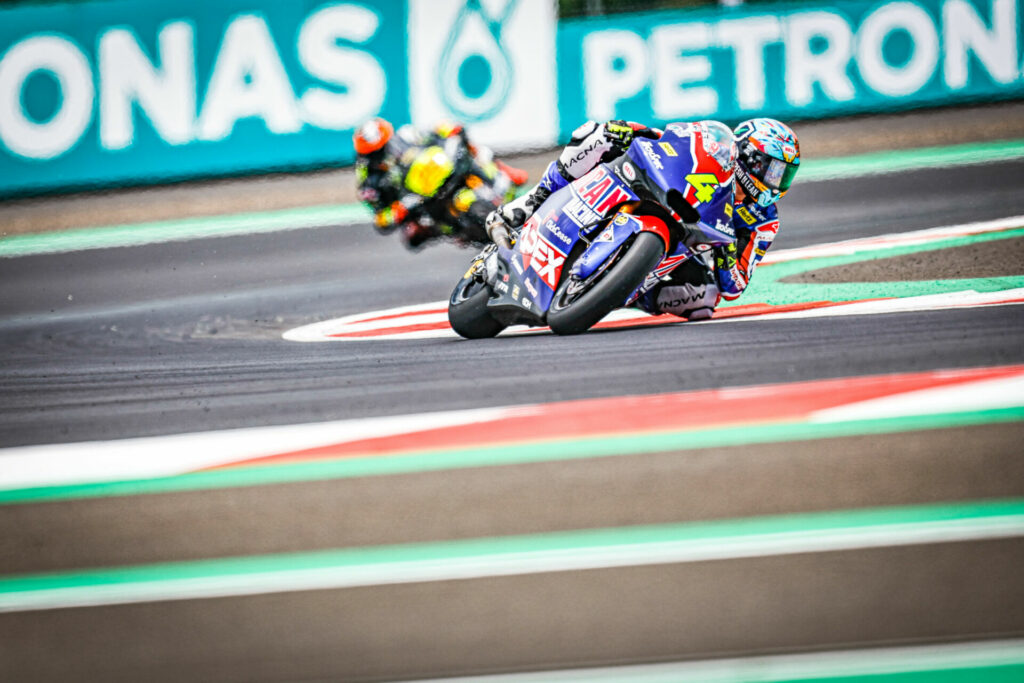 Sean Dylan Kelly (4), before a broken shifter knocked him out of the Moto2 race at Mandalika International Street Circuit, in Indonesia. Photo courtesy American Racing Team.