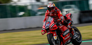 Jack Miller (43) braking for a corner at Mandalika International Street Circuit. Photo courtesy Ducati.