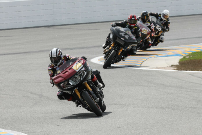 Jeremy McWilliams (99) leads James Rispoli (43), Tyler O'Hara (29) and Bobby Fong (50) in King Of The Baggers Race Two at Daytona. Photo courtesy Indian Motorcycle.