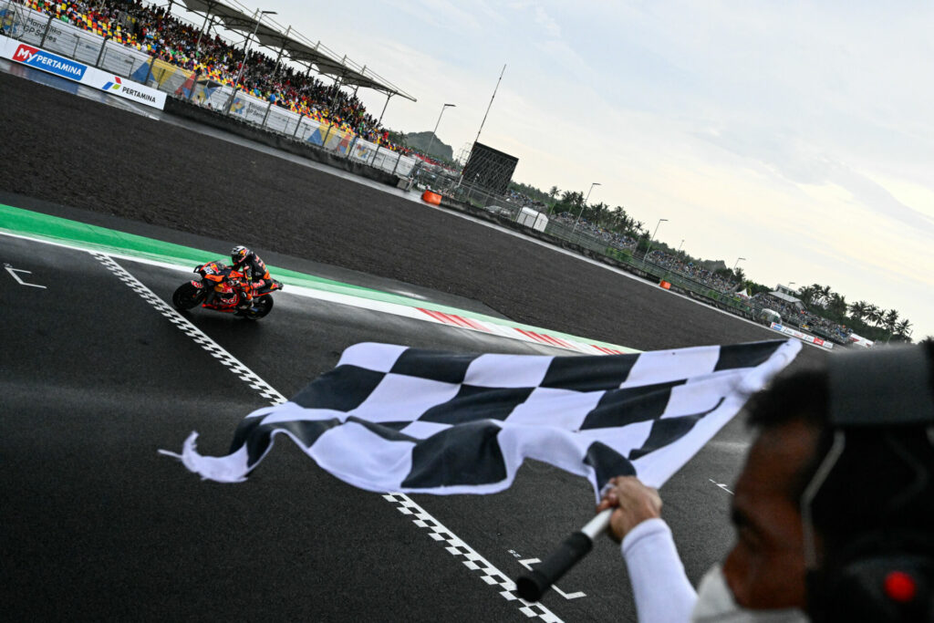Miguel Oliveira (88) takes the checkered flag in Indonesia. Photo courtesy Dorna.