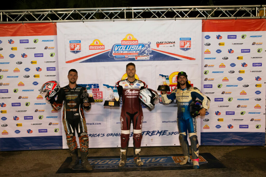 AFT SuperTwins race winner Briar Bauman (center), runner-up Bronson Bauman (left), and third-place finisher JD Beach (right). Photo by Tim Lester, courtesy AFT.