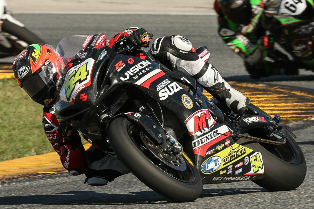 Richie Escalante (54) finishing in the top five in his last Supersport race before moving up to the Superbike class. Photo courtesy Suzuki Motor USA, LLC.