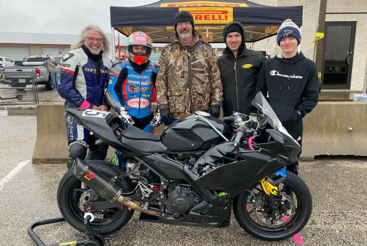 Team Ridesmart Pirelli (from left) Derek Thomas, JC Camacho, John Hutchinson (Team Owner), Michael Klesel (Team Captain), and Hayden Bicknese. Photo by Sahsa Lovan.