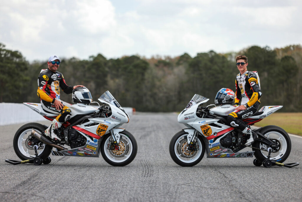 Four-time Daytona 200 winner Danny Eslick (left) and 2021 Daytona 200 winner Brandon Paasch (right) on their TOBC Racing Triumph Street Triple RS racebikes. Photo courtesy Triumph.