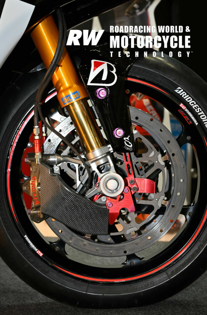 A closeup of some of the front-end hardware on the Yoshimura SERT Motul Suzuki GSX-R1000 endurance racebike. Photo by Kohei Hirota.