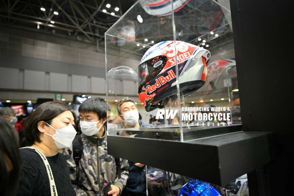 One of Marc Marquez's actual Shoei race helmets on display. Photo by Kohei Hirota.