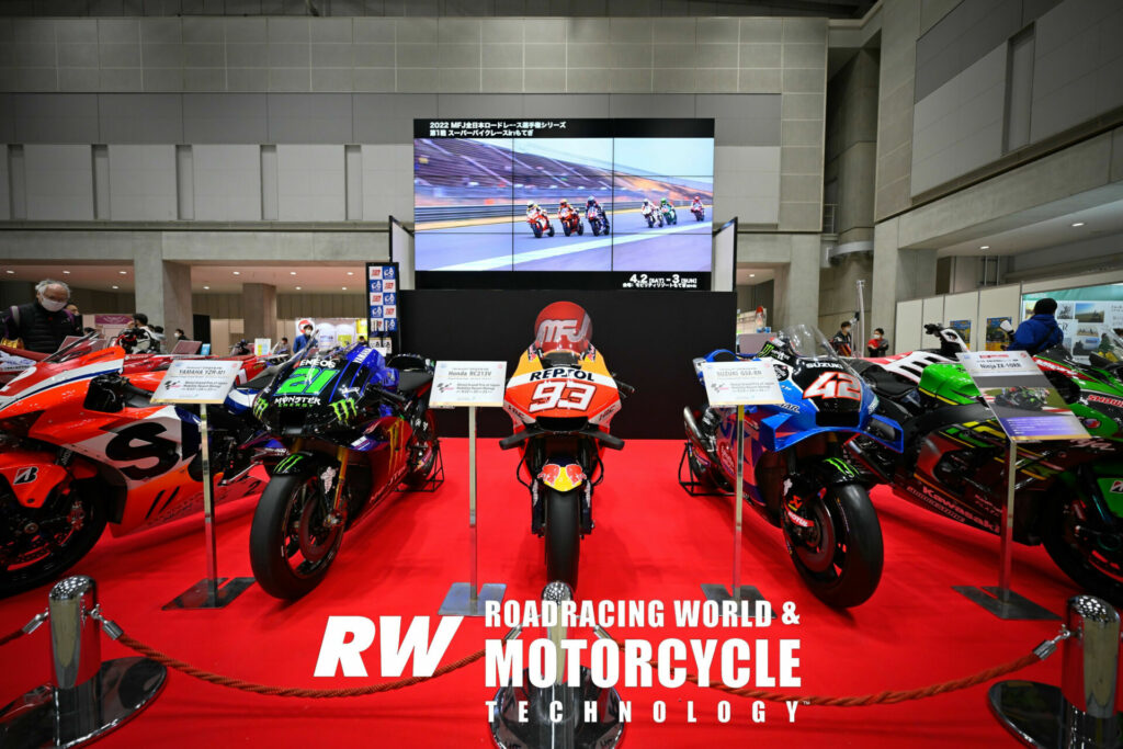 Several racebikes draw attention to a display promoting the MFJ All-Japan Superbike Championship event April 1-3 at Motegi. Photo by Kohei Hirota.