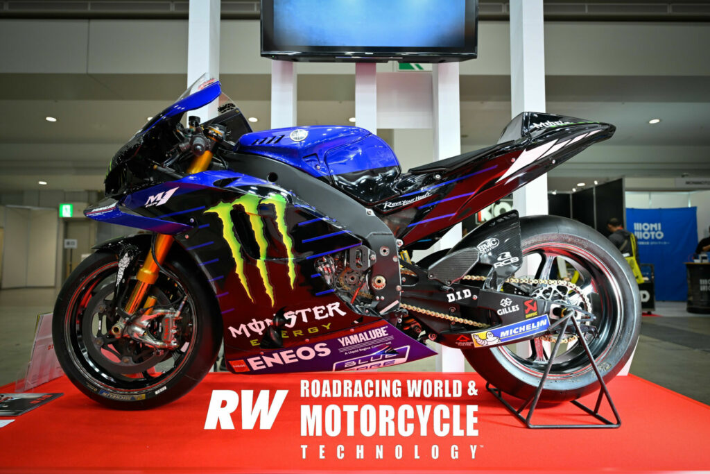One of the Monster Energy Yamaha YZR-M1 racebikes belonging to 2021 MotoGP World Champion Fabio Quartararo. There were at least three on display in different areas of the show Friday. Photo by Kohei Hirota.