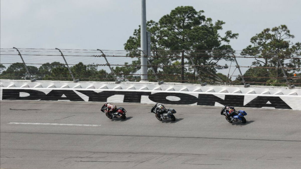 Tyler O'Hara leads Travis Wyman and Kyle Wyman in the Mission King Of The Baggers race on Friday at Daytona International Speedway. Photo by Brian J. Nelson, courtesy MotoAmerica.