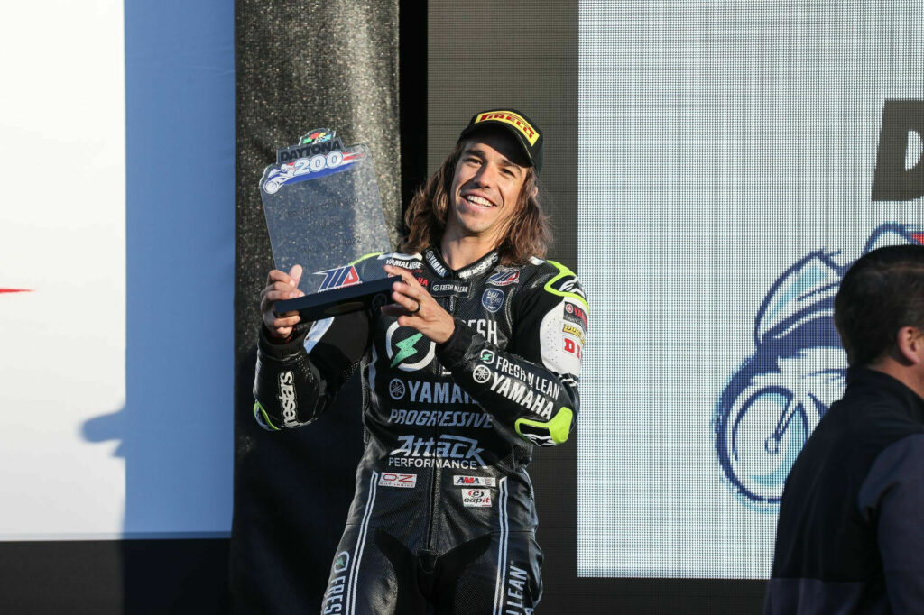 Cameron Petersen on the podium at the Daytona 200. Photo courtesy Yamaha.