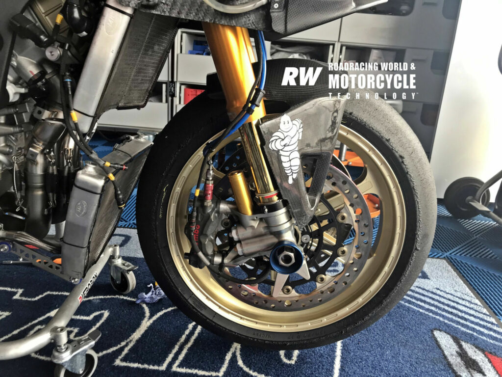 ERC specifies a lower-spec but sturdier Ohlins fork for crash survivability. Brembo brakes, Hel lines with dry-break connectors and 5.5mm discs handle braking. Photo by Michael Gougis.