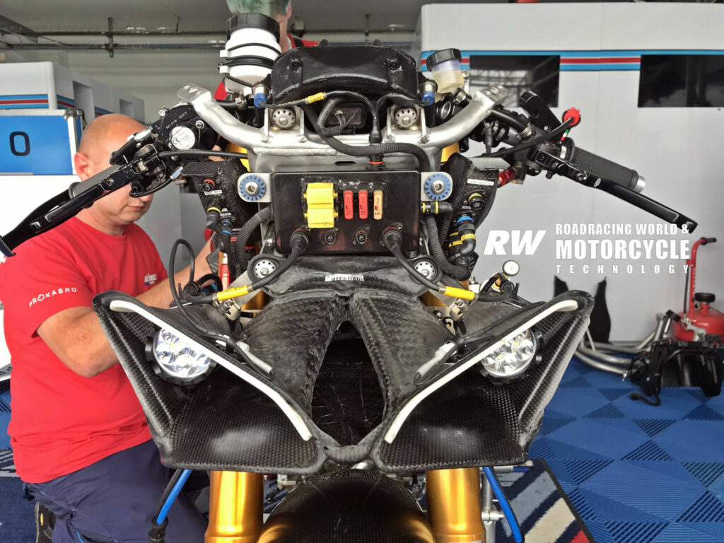 As a Ducati sprint racebike does not come with lights, ERC has to mount headlights into the intake system of its endurance racer. Photo by Michael Gougis.