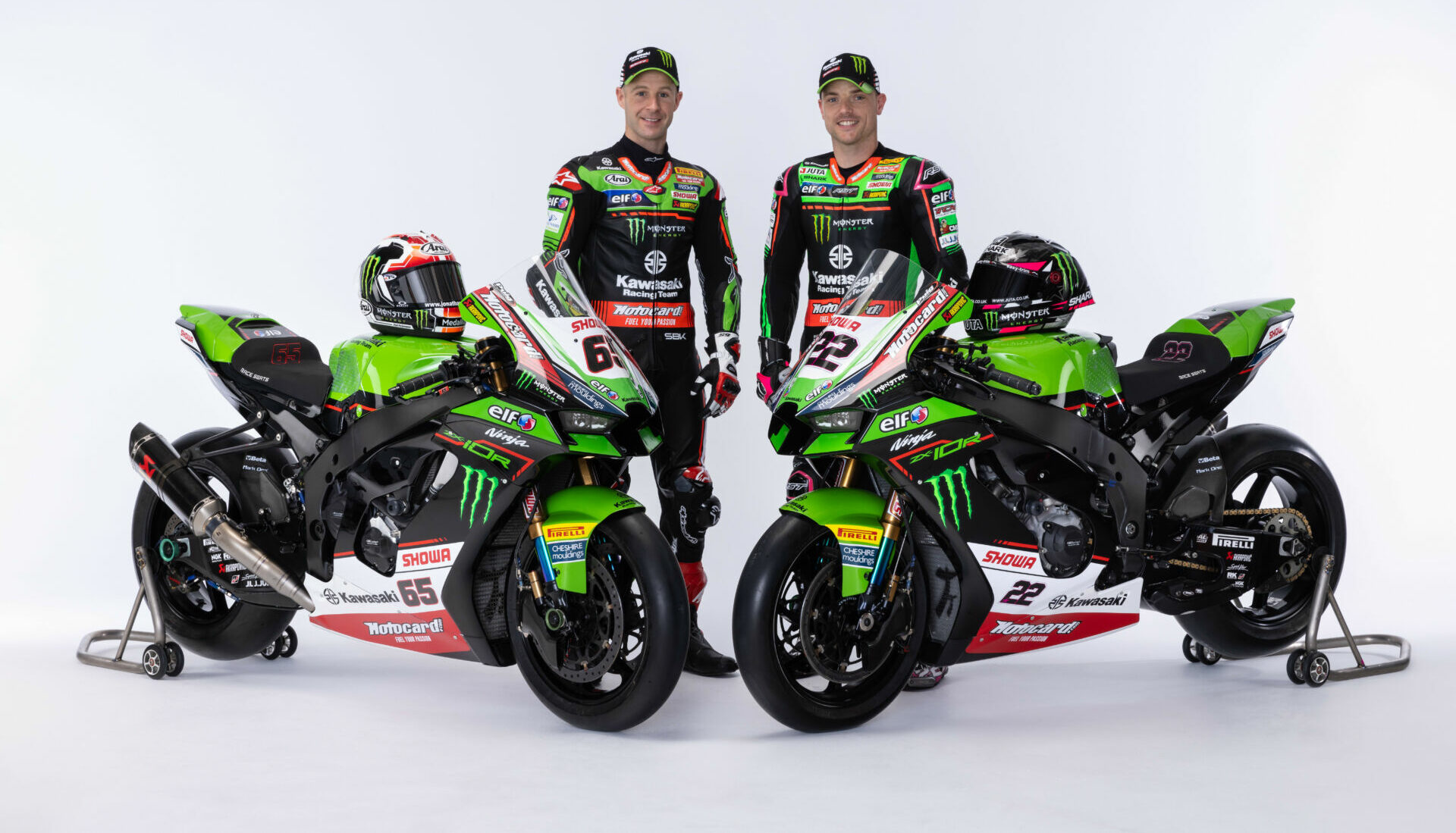 Six-time Superbike World Champion Jonathan Rea (left), his teammate Alex Lowes (right), and their factory Kawasaki ZX-10RR Superbikes in their 2022 liveries. Photo courtesy Kawasaki.