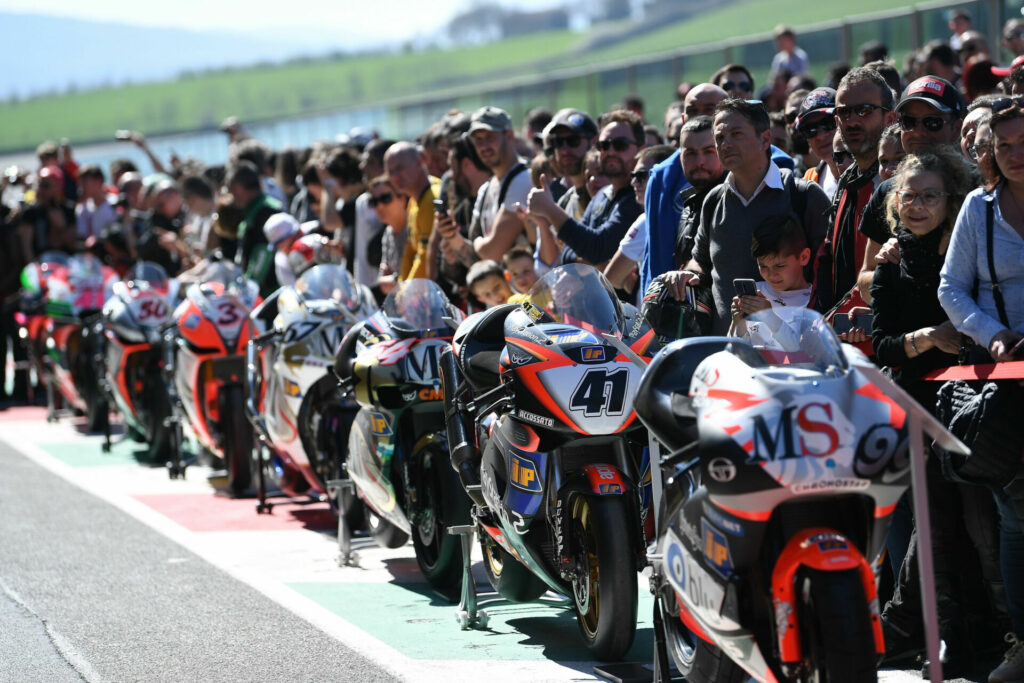 Aprilia racebikes lined up at a previous Aprilia All Stars event. Photo courtesy Aprilia.