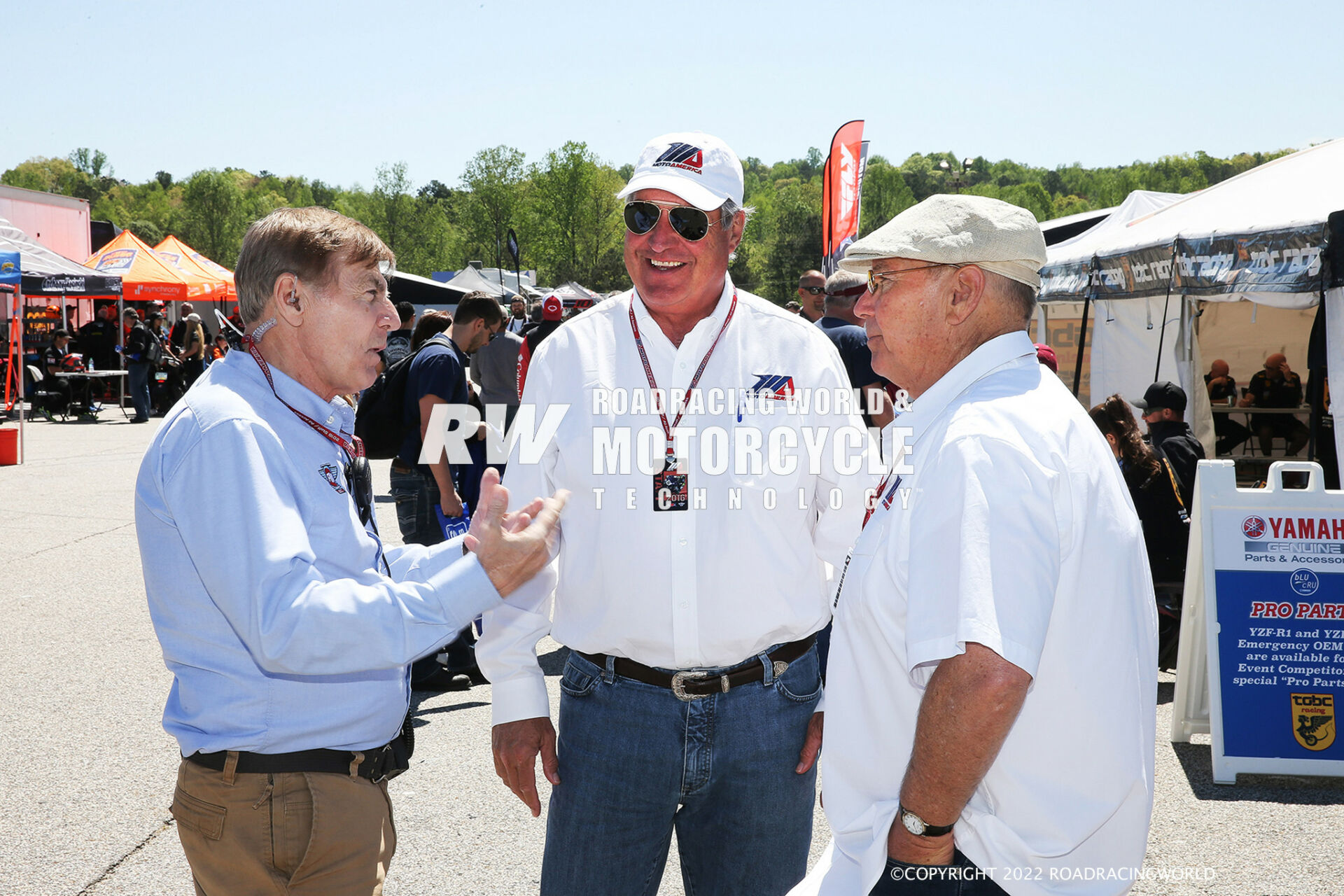 MotoAmerica's Richard Varner (center) with partner Terry Kargis  (right) and FIM North America's Bill Cumbow, at Barber 2016. Photo by Brian J. Nelson.