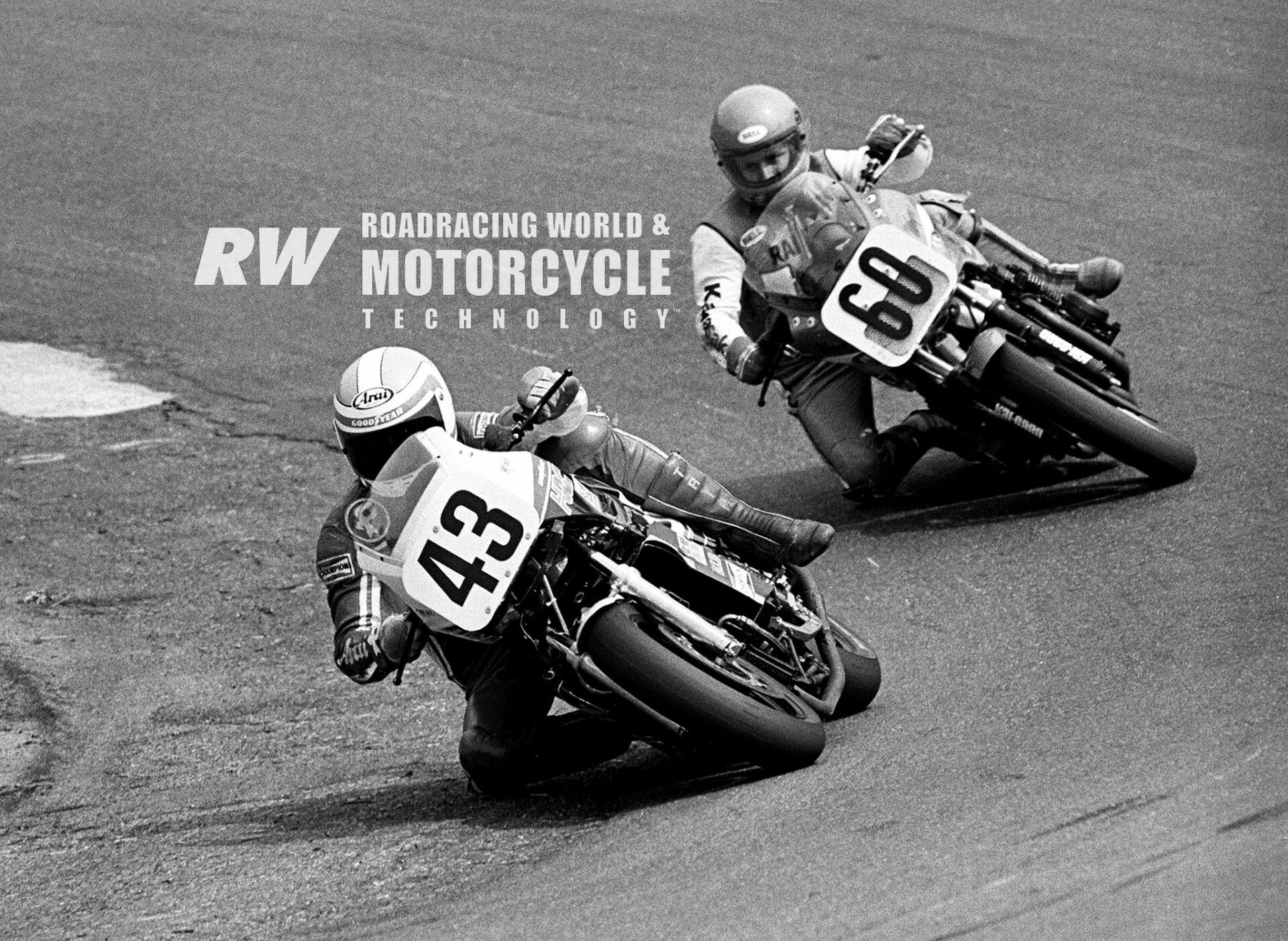 Mike Baldwin (43) on a Honda V-4, four-valves-per-cylinder, liquid-cooled VF750F Interceptor leads Wayne Rainey (60) on an Inline-4, two-valves-per-cylinder, air-cooled Kawasaki GPz750 in the 1983 AMA Superbike race at Loudon, New Hampshire. Photo by John Owens.