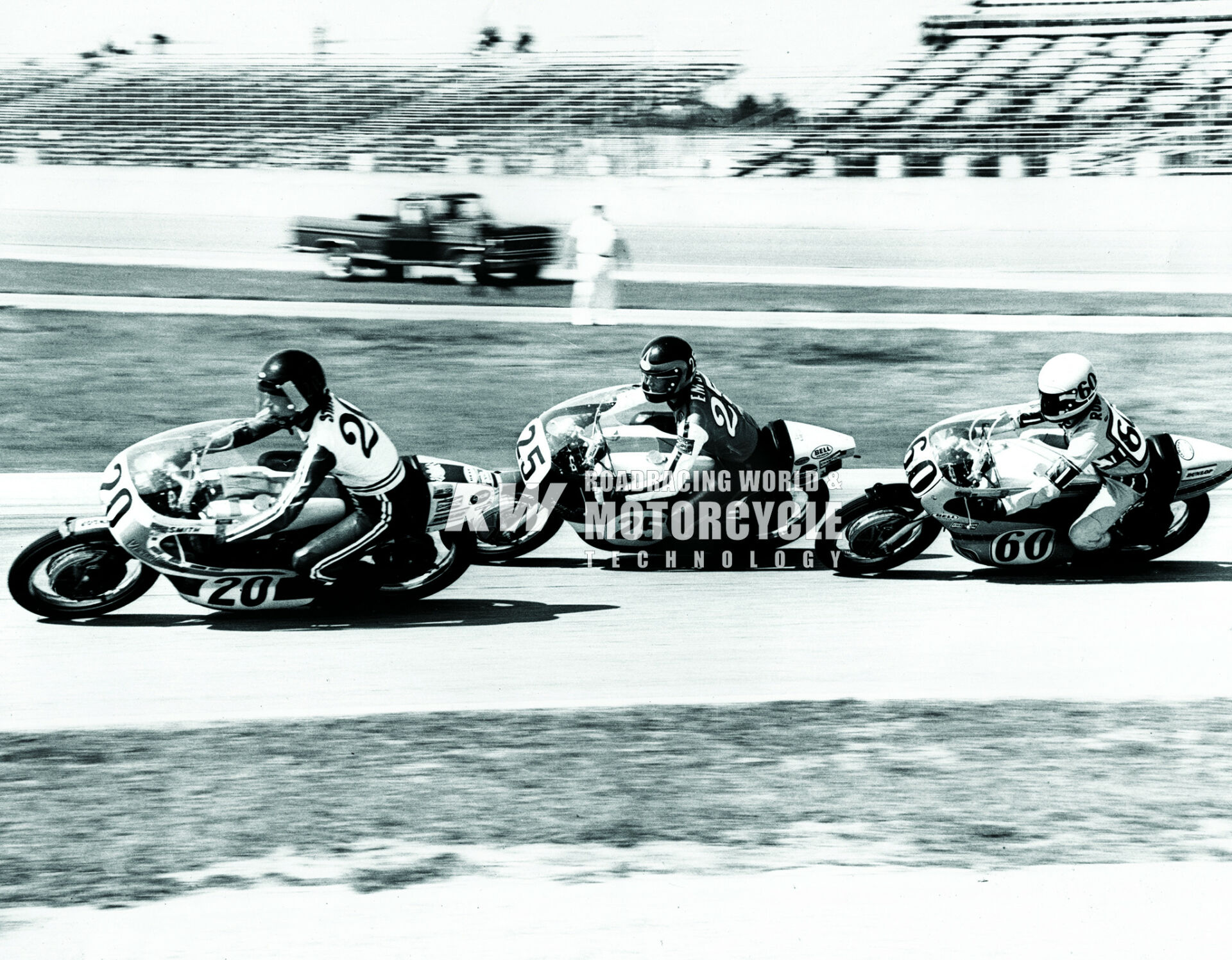 Don Emde (25), a young Kenny Roberts (60), and Dave Smith (20) battled for victory in the 100-mile 250cc race at Daytona International Speedway, the day before the 200. Smith beat Roberts, while Emde crashed out. Photo by Dave Friedman/Courtesy Don Emde Collection.