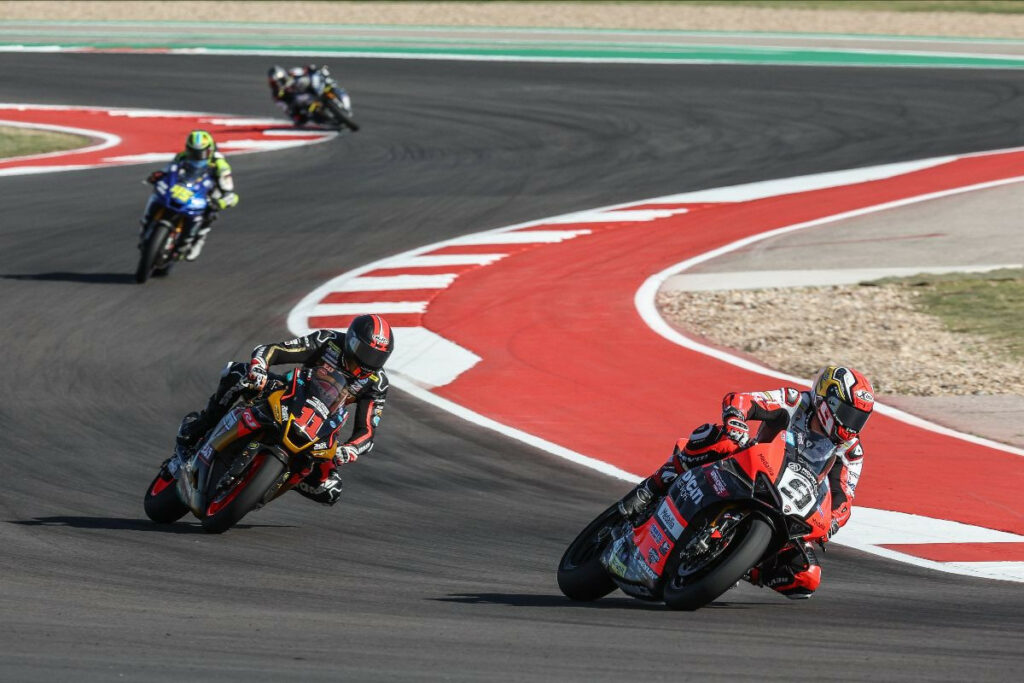 Danilo Petrucci (9) leads Matthew Scholtz (11), Cameron Petersen (45), and PJ Jacobsen (66) early in Race One. Photo by Brian J. Nelson, courtesy MotoAmerica.