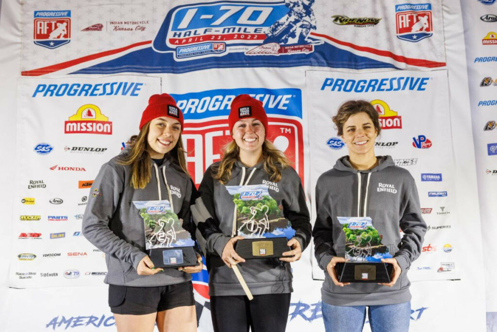 (From left) Zaria Martens, Jaycee Jones and Jillian Deschenes share the first "full-grid" BTR Flat Track podium of 2022. Photo courtesy Royal Enfield North America.