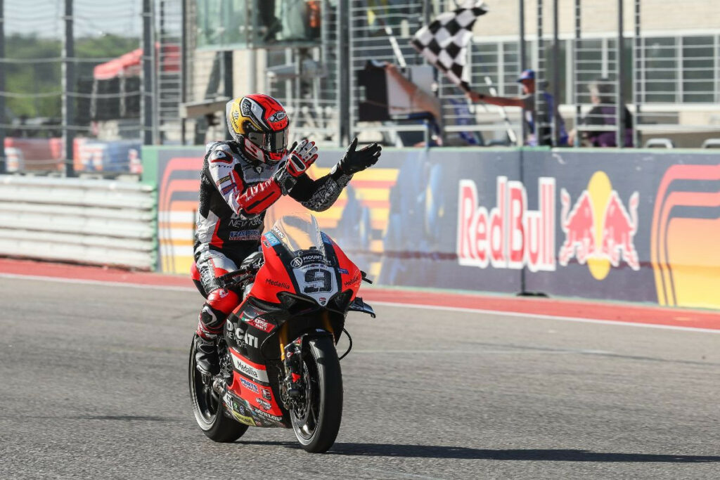 Danilo Petrucci (9) won MotoAmerica Superbike Race One. Photo by Brian J. Nelson, courtesy MotoAmerica.