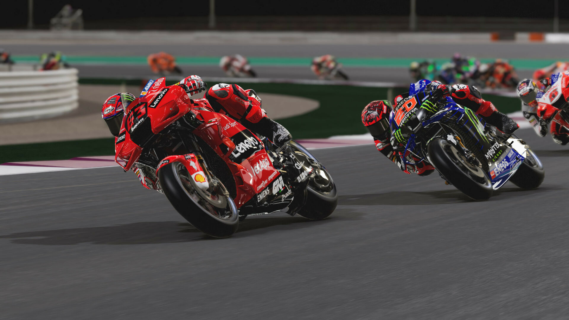 A screenshot from the MotoGP 22 video game depicting Francesco Bagnaia (63), Fabio Quartararo (20), and Johann Zarco (5). Image courtesy Dorna.