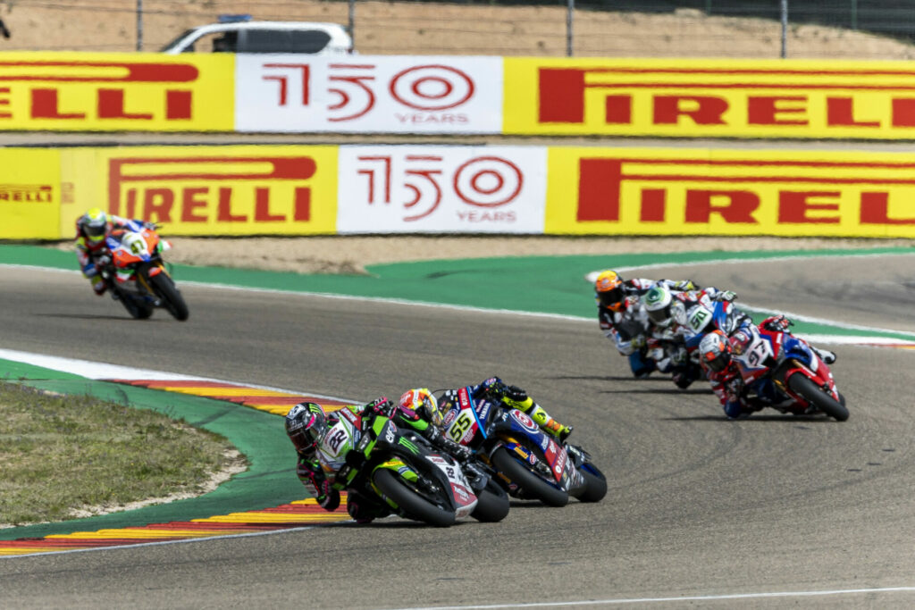 Alex Lowes (22) leads Xavi Vierge (97) and others during Race One. Photo courtesy Kawasaki.