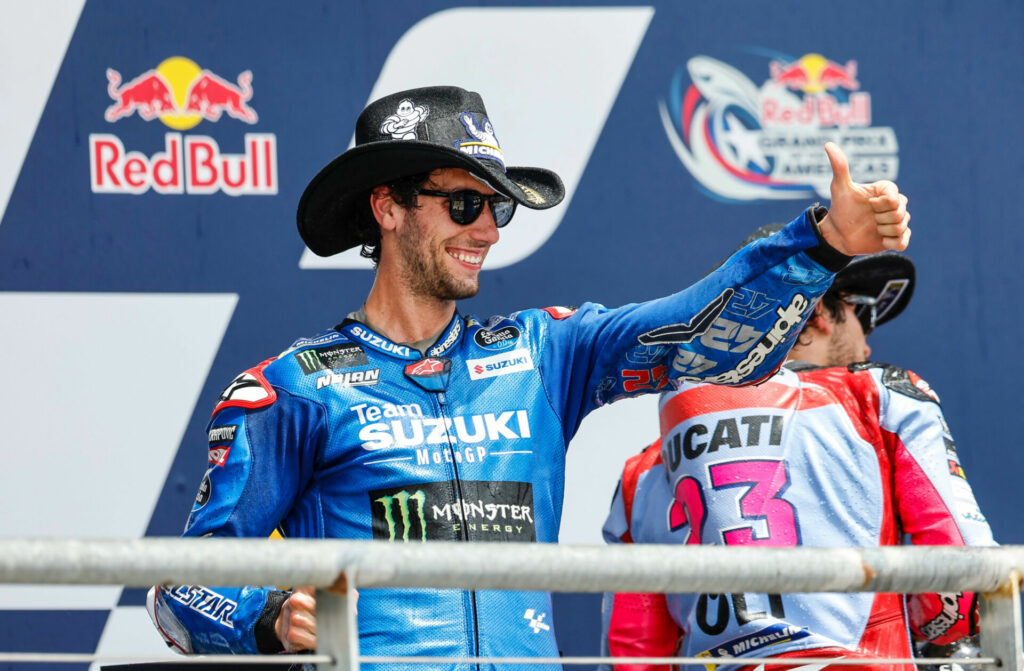 Alex Rins on the podium at COTA. Photo courtesy Team Suzuki ECSTAR.