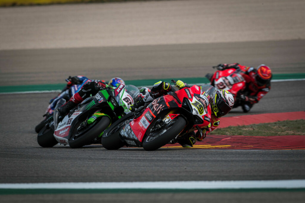 Alvaro Bautista (19) leads Jonathan Rea (65) during WorldSBK Race One at MotorLand Aragon. Photo courtesy Aruba.it Racing Ducati.