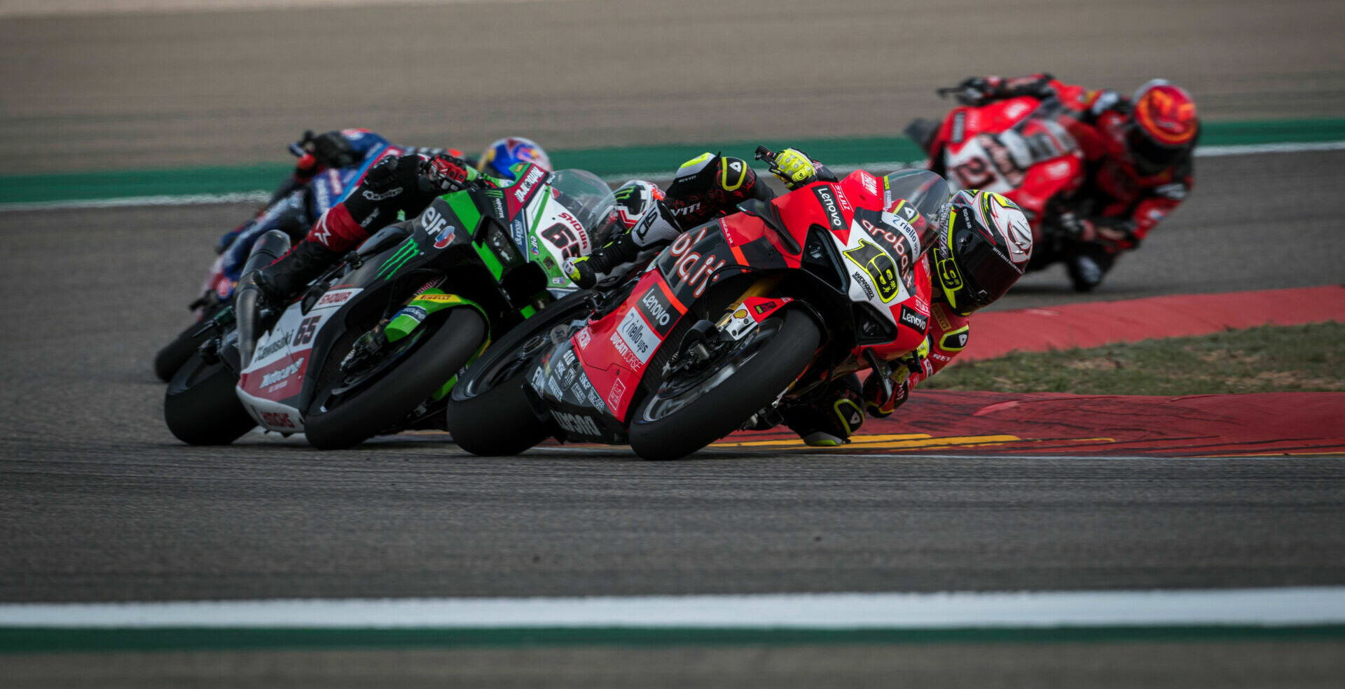 Alvaro Bautista (19) leads Jonathan Rea (65) during WorldSBK Race One at MotorLand Aragon. Photo courtesy Aruba.it Racing Ducati.